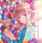  bangs blonde_hair blunt_bangs blurry blush commentary_request depth_of_field earrings eyebrows_visible_through_hair flower flower_earrings flower_request hair_flower hair_ornament hands_up hiten_(hitenkei) holding japanese_clothes jewelry kimono looking_at_viewer looking_to_the_side obi original parted_lips purple_eyes sash shiny shiny_hair sidelocks smile solo tareme upper_body 