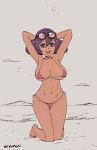  1girl :d armpits arms_up artist_name bare_legs bare_shoulders barefoot bikini blue_eyes breasts dark_skin eyewear_on_head grey_background hips kneeling large_breasts micro_bikini navel open_mouth pokemon pokemon_(game) pokemon_sm purple_hair sexynomicon short_hair sina_(pokemon) sketch smile solo sparkle teeth 