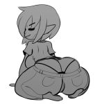  absurd_res all_fours big_breasts big_butt breasts butt clothed clothing female fully_clothed greyscale hair hi_res humanoid imp jeans monochrome not_furry pants pointy_ears rear_view shirt shortstack simple_background somescrub thong white_background 