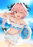  :d akita_hika astolfo_(fate) ball bare_shoulders beach beachball bikini black_bow black_ribbon bow bracelet braid cloud collarbone day eyebrows_visible_through_hair fang fate/apocrypha fate_(series) groin hair_between_eyes hair_bow hair_intakes hair_ribbon highres holding jewelry leaning_forward long_braid long_hair male_focus navel open_mouth otoko_no_ko pink_hair purple_eyes ribbon sand sarong single_braid sky smile solo striped striped_swimsuit sunlight swimsuit v water 