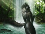  2018 anthro black_fur breasts butt canine day detailed_background digital_media_(artwork) female fur mammal nude outside safiru solo water waterfall wolf 