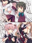  black_gloves black_serafuku blush bow bowtie breasts chain cleavage commentary_request gloves halterneck hands_together harusame_(kantai_collection) hirune_(konekonelkk) kantai_collection long_hair long_sleeves multiple_girls murasame_(kantai_collection) naganami_(kantai_collection) neckerchief open_mouth remodel_(kantai_collection) school_uniform serafuku skirt takanami_(kantai_collection) translated uniform 
