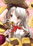  arm_up beret biscuit braid breasts commentary_request flower_knight_girl food food_in_mouth gloves grey_hair hat highres izumi_yukiru komugi_(flower_knight_girl) long_hair looking_at_viewer ribbon side_braid upper_body yellow_eyes 