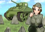  breasts brown_eyes brown_hair caterpillar_tracks cloud commentary_request day dragonteeth grass ground_vehicle kanchuumimai long_hair m4_sherman military military_uniform military_vehicle motor_vehicle original same_hiroshi sky tank uniform 