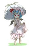  bare_shoulders barefoot bat_wings blue_hair chamaji commentary_request dress eyebrows_visible_through_hair eyeshadow frills grin hat hat_ribbon highres layered_dress makeup mob_cap outdoors parasol pointy_ears red_eyes remilia_scarlet ribbon simple_background skirt_hold sleeveless slit_pupils smile solo tiptoes touhou umbrella wings 