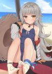 1girl azur_lane bangs barefoot beach blue_sky blush breasts censored cloud collarbone commentary_request cum day eyebrows_visible_through_hair feet footjob fujieda_uzuki gloves hair_ornament hat heart heart_censor hetero highres iron_cross jewelry long_hair looking_at_viewer mole mole_under_eye necklace ocean penis silver_hair sky small_breasts solo_focus straw_hat swimsuit yellow_eyes z46_(azur_lane) 