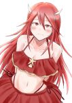  1girl artist_name bare_shoulders bikini blush breasts fire_emblem fire_emblem:_kakusei fire_emblem_heroes frills hair_lift hair_ornament highres long_hair looking_at_viewer medium_breasts pointy_ears red_eyes red_hair shell smile solo starfish tiamo winged_hair_ornament 