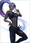  abs assassin_(fate/zero) breasts commentary_request dark_skin earrings fate/grand_order fate/zero fate_(series) female_assassin_(fate/zero) holding holding_mask hoop_earrings jewelry kei-suwabe long_hair mask mask_removed medium_breasts muscle muscular_female purple_eyes purple_hair skull_mask solo twitter_username underboob very_long_hair 