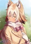  2018 4_fingers absurd_res amber_eyes animal_humanoid biped bow_tie brown_hair bust_portrait canine canine_humanoid clothing digital_drawing_(artwork) digital_media_(artwork) female flat_chested front_view frown gloves golden_jackal_(kemono_friends) grass hair hi_res humanoid humanoid_hands inner_ear_fluff jackal_humanoid japanese kemono_friends leaf light_skin looking_away mammal multicolored_hair orange_hair outside portrait scarf short_hair shy sky solo suit sweat sweatdrop tan_skin white_gloves white_hair 夜凪にたか 
