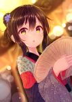  :o bangs blue_flower blurry blurry_background blush brown_eyes brown_hair commentary_request depth_of_field dutch_angle eyebrows_visible_through_hair flower hair_between_eyes hair_flower hair_ornament holding japanese_clothes kimono long_sleeves looking_at_viewer minarai_shachou multicolored multicolored_clothes multicolored_kimono original parted_lips sidelocks solo wide_sleeves 