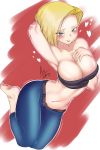  1girl android_18 ariel_lopez bare_shoulders barefoot blonde_hair blue_eyes blush breasts collarbone dragonball_z jeans large_breasts looking_at_viewer medium_hair midriff navel simple_background solo tubetop 