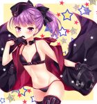  bangs bare_shoulders bikini biting black_bikini black_bow black_gloves black_hat black_jacket black_legwear blush bow breasts closed_mouth collarbone commentary eyebrows_visible_through_hair fate/grand_order fate_(series) garrison_cap glove_biting gloves groin hair_bow hat headphones headphones_removed helena_blavatsky_(fate/grand_order) helena_blavatsky_(swimsuit_archer)_(fate) holding_headphones jacket long_hair nogi_takayoshi open_clothes open_jacket ponytail purple_eyes purple_hair sleeveless_jacket small_breasts smile solo star swimsuit thighhighs throat_microphone 
