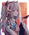  alternate_costume antenna_hair azur_lane bangs blush breasts character_name chinese_commentary closed_mouth commentary_request cup eyebrows_visible_through_hair flower from_side hair_between_eyes hair_flower hair_ornament hango highres holding holding_cup japanese_clothes kimono large_breasts long_hair looking_at_viewer multicolored_hair prinz_eugen_(azur_lane) red_hair sideboob sidelocks silver_hair smile solo streaked_hair two_side_up very_long_hair 