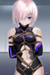  armor arms_behind_back bangs bdsm between_breasts black_armor black_gloves black_leotard blurry bondage bound bound_arms bound_torso breast_bondage breasts closed_mouth commentary_request cowboy_shot depth_of_field elbow_gloves fate/grand_order fate_(series) gloves gorget hair_over_one_eye highres indoors lavender_hair leotard light_smile looking_at_viewer mash_kyrielight navel navel_cutout outline pale_skin purple_eyes purple_gloves rope sharpffffff shibari shibari_over_clothes short_hair signature skindentation small_breasts smile solo standing stomach straight_hair 