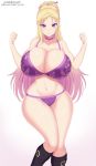  1girl bare_arms bare_shoulders bikini blonde_hair blush breasts cleavage gradient_hair hair_ornament hair_stick highres huge_breasts kainkout long_hair looking_at_viewer midriff navel ponytail purple_bikini purple_eyes smile standing swimsuit underwear valkyrie_drive valkyrie_drive_-bhikkhuni- very_long_hair viola_(valkyrie_drive) watermark web_address wide_hips 