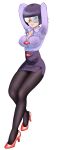  1girl arms_behind_head bangs black_legwear blunt_bangs bob_cut breasts closed_mouth collared_shirt erect_nipples formal glasses high_heels legs looking_at_viewer medium_breasts office_lady pantyhose pencil_skirt pink_footwear pokemon pokemon_(game) pokemon_bw purple_eyes purple_hair purple_shirt purple_skirt rimless_eyewear sexynomicon shikimi_(pokemon) shirt short_hair skirt smile solo sweat sweat_stain transparent_background 