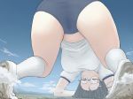  bloomers breasts cameltoe city cloud from_below giantess glasses gym_uniform huge_giantess large_breasts long_hair navel one_eye_closed shoes thighs upside-down uru_(uru0000) 