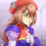  android beret breasts brown_hair clenched_hand green_eyes hair_between_eyes hand_on_own_chest hat iris_(rockman_x) long_hair medium_breasts parted_lips rockman rockman_x rockman_x4 solo tentokki worried 