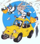  :d animal bag bike_shorts bird blonde_hair bottle car cat grey_eyes grey_hair ground_vehicle handbag highres holding holding_bottle lizard long_hair motor_vehicle multicolored_hair open_mouth original pelican sailor_collar school_uniform serafuku shirt shoes short_sleeves sitting smile sneakers streaked_hair two-tone_hair white_footwear white_sailor_collar white_shirt you_(nanban319) 