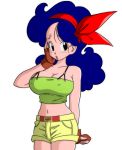  1girl bare_shoulders black_eyes blue_hair blush breasts cleavage cowboy_shot dragon_ball embarrassed fingerless_gloves gloves hair_ribbon highres large_breasts legs looking_at_viewer lunch_(dragon_ball) midriff navel parted_lips ribbon short_shorts shorts simple_background solo standing suspenders tank_top thighs transparent_background wavy_hair yamamoto_doujin 