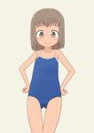  1girl bare_arms bare_legs bare_shoulders blush brown_hair child closed_mouth collarbone female flat_chest full_body gluteal_fold looking_at_viewer looking_down one-piece_swimsuit original simple_background smile solo swimsuit thigh_gap tomboo 