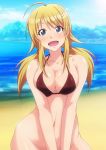  :d ahoge beach bikini_top blonde_hair blue_eyes bottomless breasts cleavage collarbone commentary_request day hachimiya_meguru hair_ornament hairclip idolmaster idolmaster_shiny_colors large_breasts long_hair low_twintails navel ocean open_mouth smile solo tanuki_(metaltanuki) twintails 