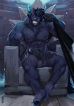  anthro canine demon erection horn humanoid_penis hybrid looking_at_viewer male mammal muscular muscular_male mystikfox61 nude pecs penis precum sitting smile solo 