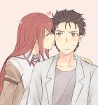  1girl black_hair blush cheek_kiss closed_eyes collarbone collared_shirt embarrassed facial_hair hand_on_another's_shoulder heart imminent_kiss jacket kiss labcoat long_hair makise_kurisu messy_hair necktie off_shoulder okabe_rintarou pink_background profile red_hair shirt short_hair simple_background steins;gate stubble sweatdrop upper_body yellow_eyes yugure 