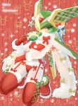  1boy androgynous android blush bow christmas crossdressing dated fur_scarf fur_trim garter_belt gift gloves green_eyes harpuia kneeling male_focus merry_christmas red_background red_bow red_footwear red_gloves rockman rockman_zero santa_costume santa_gloves scarf scccs2 solo star thighhighs 