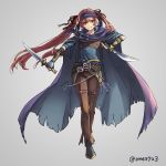  ane-suisei belt black_ribbon brown_pants cape commentary_request cosplay dagger fingerless_gloves fire_emblem fire_emblem:_rekka_no_ken fire_emblem_if gloves grey_background hair_ribbon hairband highres holding holding_dagger holding_weapon key keyring legault legault_(cosplay) long_hair luna_(fire_emblem_if) pants red_eyes red_hair ribbon simple_background smile solo twintails twitter_username weapon 