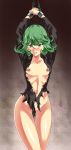  1girl arms_up bdsm blush bondage breasts chained clenched_teeth curly_hair dress erect_nipples green_eyes green_hair groin highres kamo_(nobuhide19790717) navel nipples one-punch_man rape restrained short_hair small_breasts solo sweat tatsumaki torn_clothes torn_dress 
