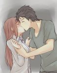  1girl black_hair blush breasts brown_hair closed_eyes collared_shirt facial_hair green_shirt grey_background kiss long_hair long_sleeves makise_kurisu messy_hair okabe_rintarou pants profile shirt short_hair short_sleeves small_breasts steins;gate stubble sweatdrop upper_body wrist_grab yugure 