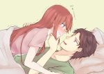  1girl black_hair blush breasts embarrassed facial_hair green_background green_shirt hand_on_another's_back hand_on_another's_chin long_hair lying_on_person makise_kurisu messy_hair okabe_rintarou open_mouth pillow pink_shirt pout profile purple_eyes red_hair shirt short_hair short_sleeves small_breasts steins;gate stubble sweatdrop trembling under_covers yellow_eyes yugure 