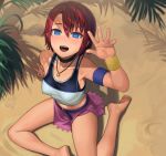  :d armband barefoot belt black_choker blue_eyes blurry blush bracer choker commentary covered_nipples day depth_of_field english_commentary hair_between_eyes hand_up highres jewelry kairi_(kingdom_hearts) kingdom_hearts kingdom_hearts_i lasterk looking_at_viewer looking_up midriff miniskirt necklace open_mouth outdoors red_hair short_hair sitting skirt smile solo tank_top wristband 