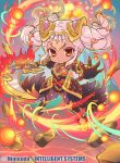  armor breasts chibi cleavage commentary_request company_name dark_skin debris fire fire_emblem fire_emblem_cipher fire_emblem_heroes fumi_(butakotai) hair_ornament holding holding_sword holding_weapon laevateinn_(fire_emblem_heroes) long_hair official_art pink_hair red_eyes see-through solo sword twintails weapon 