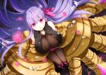  bangs belt_collar blush breasts claws eyebrows_visible_through_hair fate/extra fate/extra_ccc fate/grand_order fate_(series) hair_ribbon huge_breasts long_hair looking_at_viewer looking_up open_mouth pantyhose passion_lip pink_eyes pink_ribbon purple_hair ribbon sash shoulder_cutout sitting thighs very_long_hair youmicitrustea 