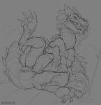  anus barbed_penis dragon drooling erection feral greyscale looking_at_viewer male monochrome penis saliva sketch solo spiritraptor spread_legs spreading tongue tongue_out vein 