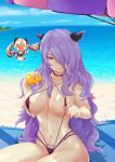  absurdres anger_vein ball beach beach_towel beach_umbrella beachball bikini blonde_hair blush breasts camilla_(fire_emblem_if) chibi cloud cloudy_sky collarbone covered_nipples day elise_(fire_emblem_if) fire_emblem fire_emblem_heroes fire_emblem_if groin hair_over_one_eye hei_ling highres horn_ornament large_breasts long_hair looking_at_viewer lotion micro_bikini multiple_girls nail_polish navel nipples ocean open_mouth pointing purple_eyes purple_hair purple_nails shell sitting sky slingshot_swimsuit smile starfish sunscreen swimsuit towel twintails umbrella wavy_hair 