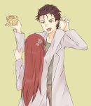  black_hair cowboy_shot facial_hair food green_background hand_on_another's_arm height_difference holding_hands interlocked_fingers labcoat long_hair makise_kurisu okabe_rintarou open_mouth pants pudding red_hair shirt short_hair simple_background steins;gate stubble taunting trembling yellow_eyes yugure 