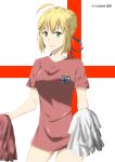  2018_fifa_world_cup absurdres ahoge artoria_pendragon_(all) blonde_hair braid commentary england english_flag engrish_commentary fate/grand_order fate_(series) french_braid green_eyes hair_bun hair_ribbon highres jersey nike pom_poms ribbon saber sidelocks simple_background soccer soccer_uniform solo sportswear tuxdzake world_cup 