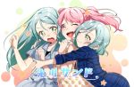  ;) ;d aqua_hair bang_dream! blue_dress blue_shirt blush clenched_hand dress floral_print gana_(mknumi) girl_sandwich green_eyes hand_on_another's_shoulder hands_up hikawa_hina hikawa_sayo hug hug_from_behind long_hair long_sleeves looking_at_viewer maruyama_aya multiple_girls one_eye_closed open_mouth pink_eyes pink_hair plaid plaid_shirt print_shirt sandwiched shirt short_hair short_sleeves side_braids sleeveless sleeveless_shirt sleeves_folded_up smile star sweatdrop twintails v-shaped_eyebrows yellow_shirt 