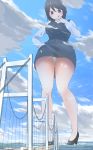  bridge car city cloud destruction fighter_jet from_below giantess huge_giantess knees_together_feet_apart naughty_face office_lady panties rainbow_bridge skirt tank thighs tongue_out uru_(uru0000) 