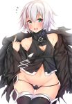  :d ass_visible_through_thighs bangs black_legwear black_panties black_shirt blush breasts cleavage_cutout commentary_request cowboy_shot detached_sleeves eyebrows_visible_through_hair facial_scar fate/apocrypha fate_(series) green_eyes halterneck highres jack_the_ripper_(fate/apocrypha) looking_at_viewer lowleg lowleg_panties medium_breasts navel no_pants notice_lines open_mouth panties pikacchi scar scar_across_eye scar_on_cheek shirt short_hair silver_hair simple_background skindentation smile solo standing string_panties thighhighs underwear white_background 