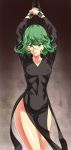 1girl arms_up bdsm bondage breasts chained covered_navel curly_hair dress erect_nipples green_eyes green_hair groin highres imminent_rape kamo_(nobuhide19790717) one-punch_man pelvic_curtain restrained short_hair small_breasts solo tatsumaki 