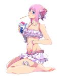  barefoot blue_eyes breasts cleavage commentary_request hand_on_own_stomach ishiwari miki_sauvester pink_hair short_hair solo star_ocean star_ocean_integrity_and_faithlessness swimsuit 