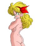  1girl ass back backboob blonde_hair blush breasts clenched_teeth covering covering_breasts cowboy_shot dimples_of_venus dragon_ball from_behind green_eyes hair_ribbon highres large_breasts legs long_hair looking_back lunch_(dragon_ball) nude ribbon simple_background solo standing teeth thighs transparent_background wavy_hair yamamoto_doujin 