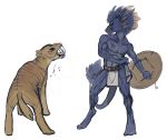  2011 anthro arrow belt blue_skin claws clothing dragon duo feathered_dragon feathers feline feral fight horn loincloth male mammal melee_weapon orion_(pheel) pheel saber-toothed_cat scratches shield teeth weapon wounded 