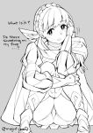  braid cape commentary crown_braid english fire_emblem fire_emblem_heroes gebyy-terar gloves grey_background greyscale long_sleeves monochrome open_mouth sharena shorts shorts_under_skirt simple_background solo squatting symbol_commentary twitter_username 