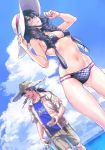  1girl arts_shirt bad_id bad_twitter_id bikini black_hair braid cloud day fate/grand_order fate_(series) food hamitamako hand_on_headwear hat multi-strapped_bikini oryou_(fate) sakamoto_ryouma_(fate) shirt shorts sky straw_hat sun_hat sunglasses swimsuit twin_braids yakitori 