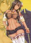  abs azur_lane bad_id bad_pixiv_id bangs bare_shoulders black_hair blush bracelet braid breasts brown_eyes closed_mouth commentary_request cowboy_shot crop_top dark_skin detached_sleeves feathers hair_between_eyes hair_feathers hair_ornament hokou_kikai holding jewelry large_breasts long_hair looking_at_viewer native_american navel necklace shield short_shorts shorts solo south_dakota_(azur_lane) standing thighhighs yellow_background zoom_layer 
